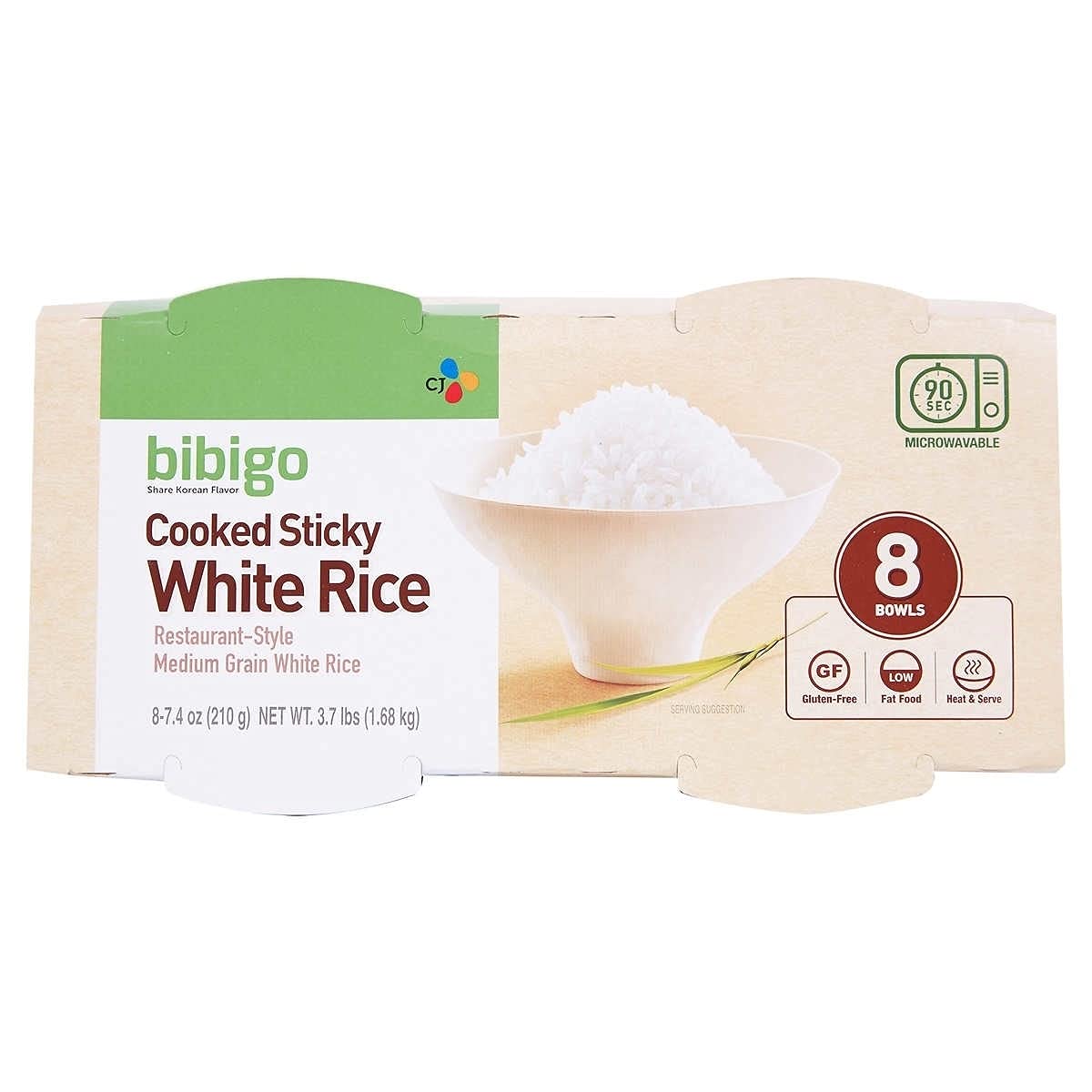 Bibigo restaurant-style cooked white rice bowls ready to heat and serve.