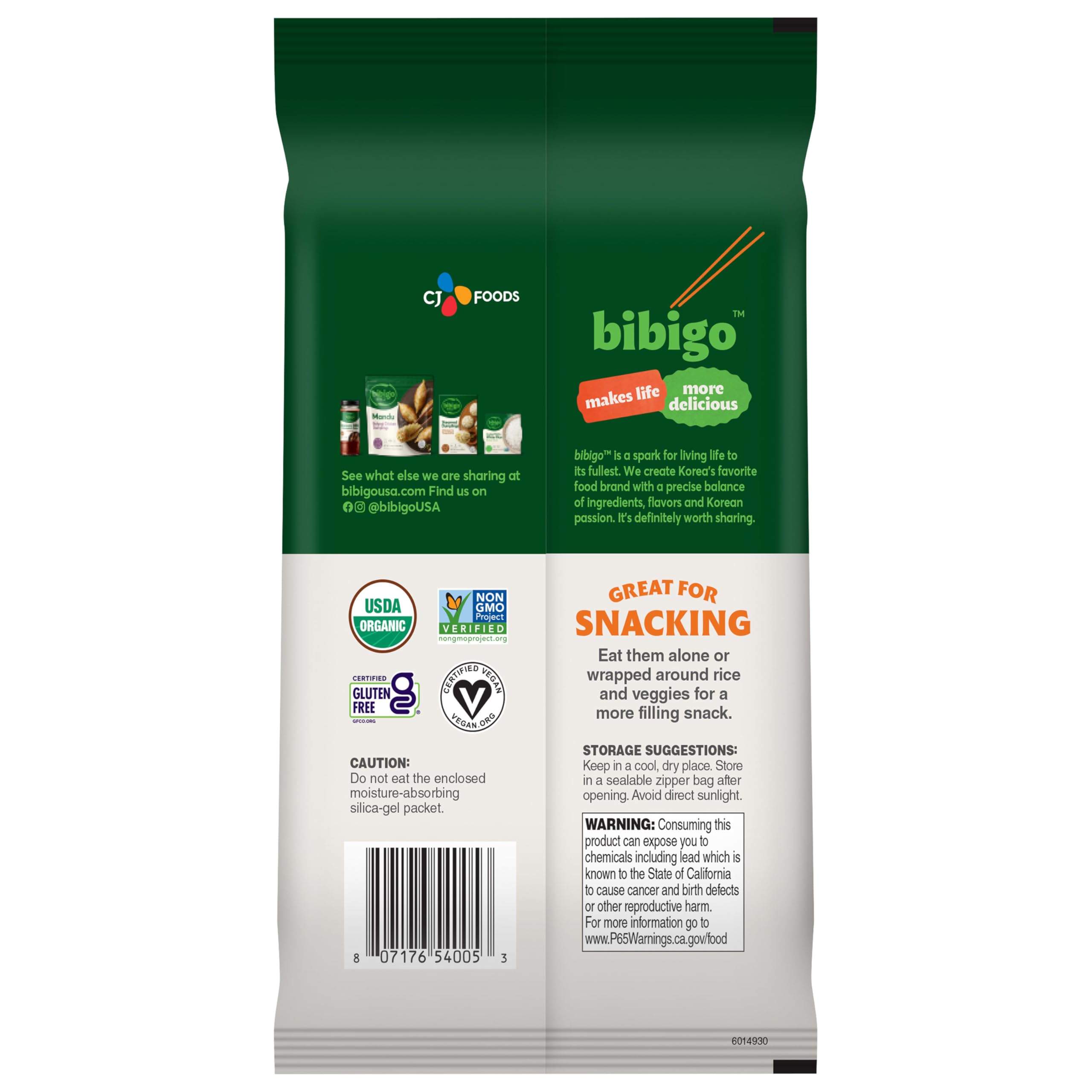 Bibigo Seaweed Snack non-GMO label highlights clean sourcing.