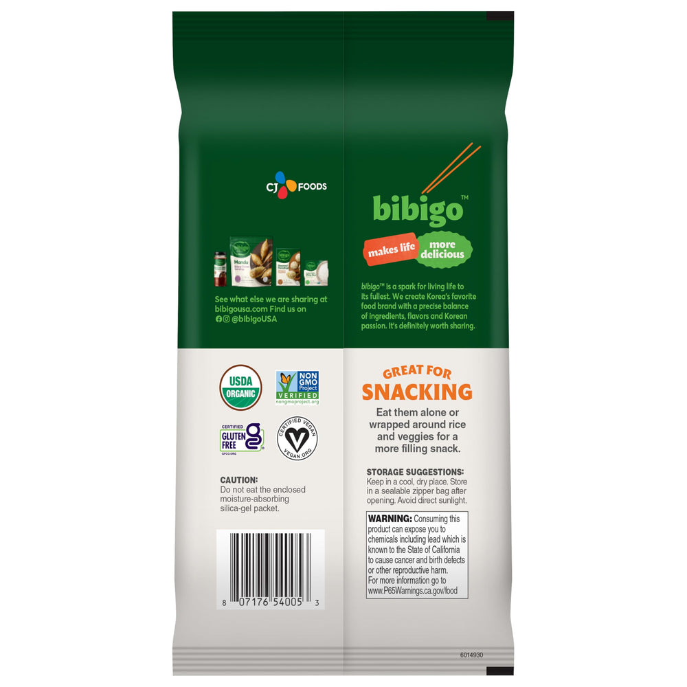 Bibigo Seaweed Snack non-GMO label highlights clean sourcing.