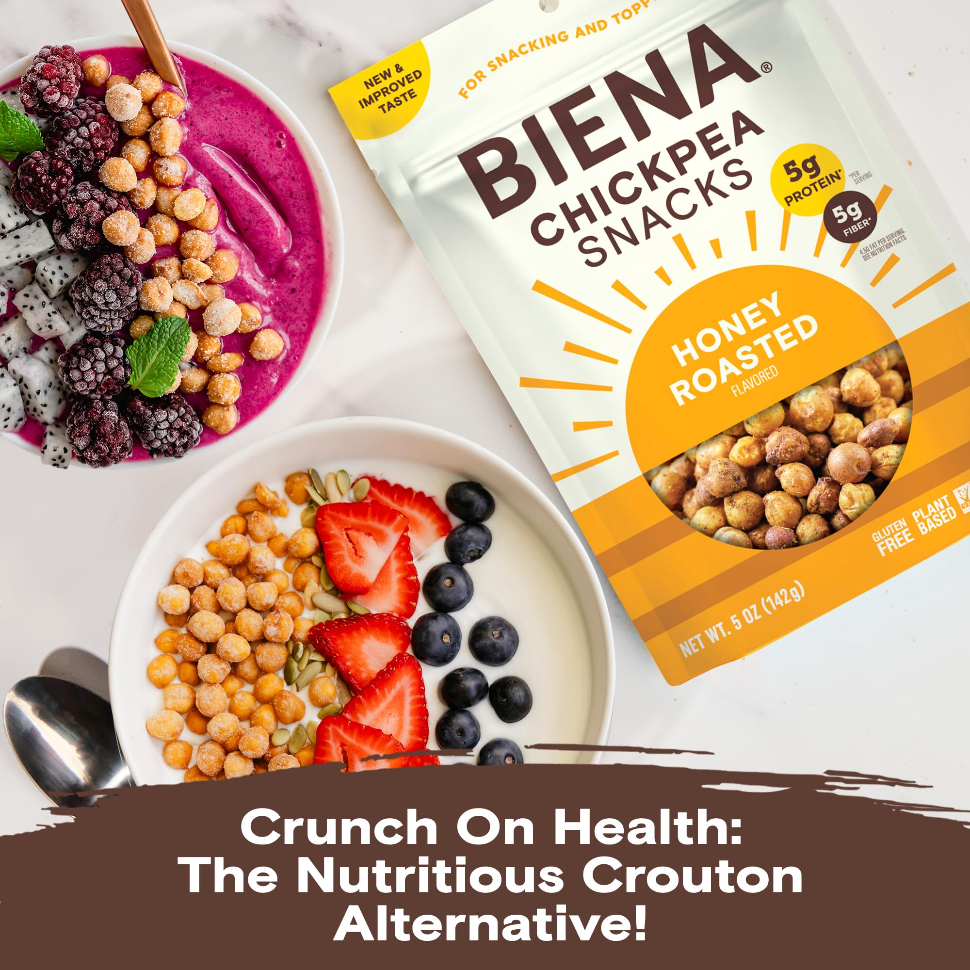 BIENA 4-pack display communicates value and portability for snacks.