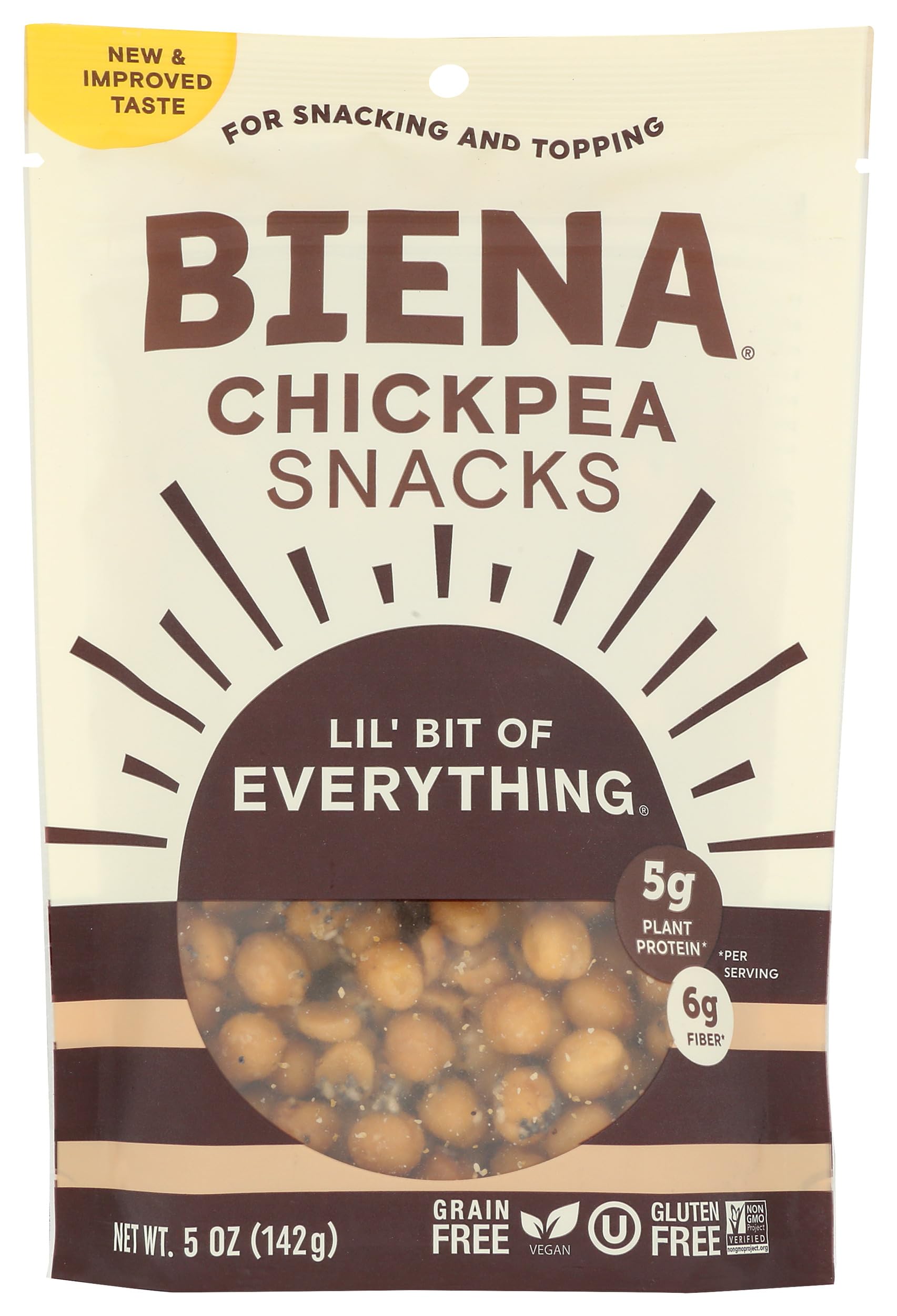 BIENA Chickpea Lil Bit Evrythin pack shot shows savory, protein-packed snack