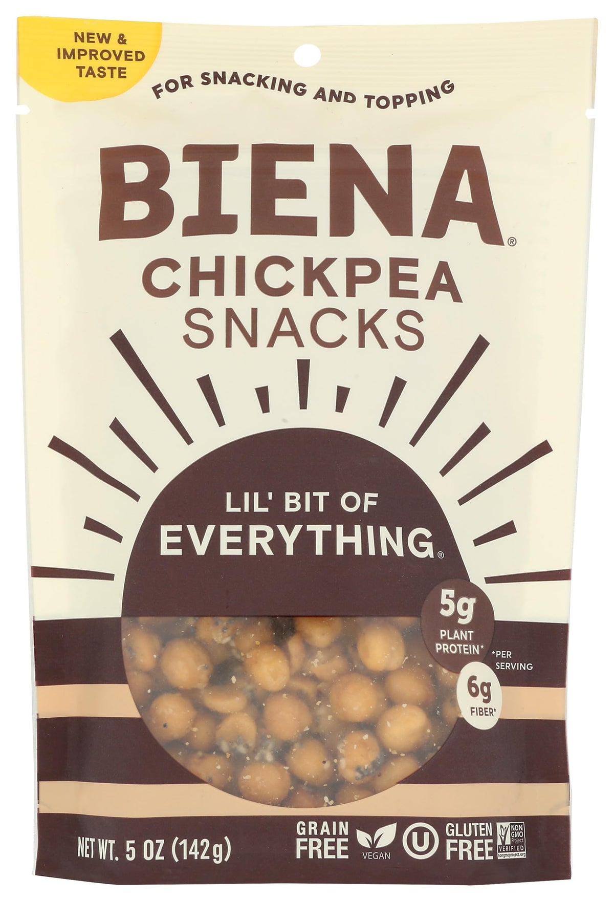 BIENA Chickpea Lil Bit Evrythin pack shot shows savory, protein-packed snack