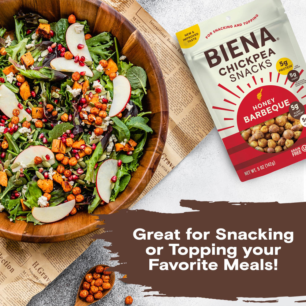 BIENA Chickpea Snacks BBQ 4-pack display for family-friendly snacking.