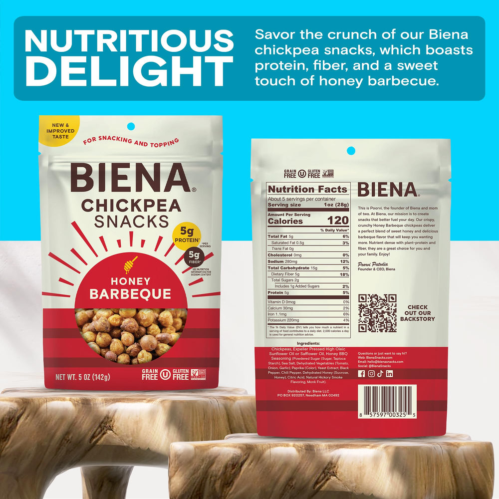 BIENA Chickpea Snacks BBQ bag back highlights ingredients and allergen info.