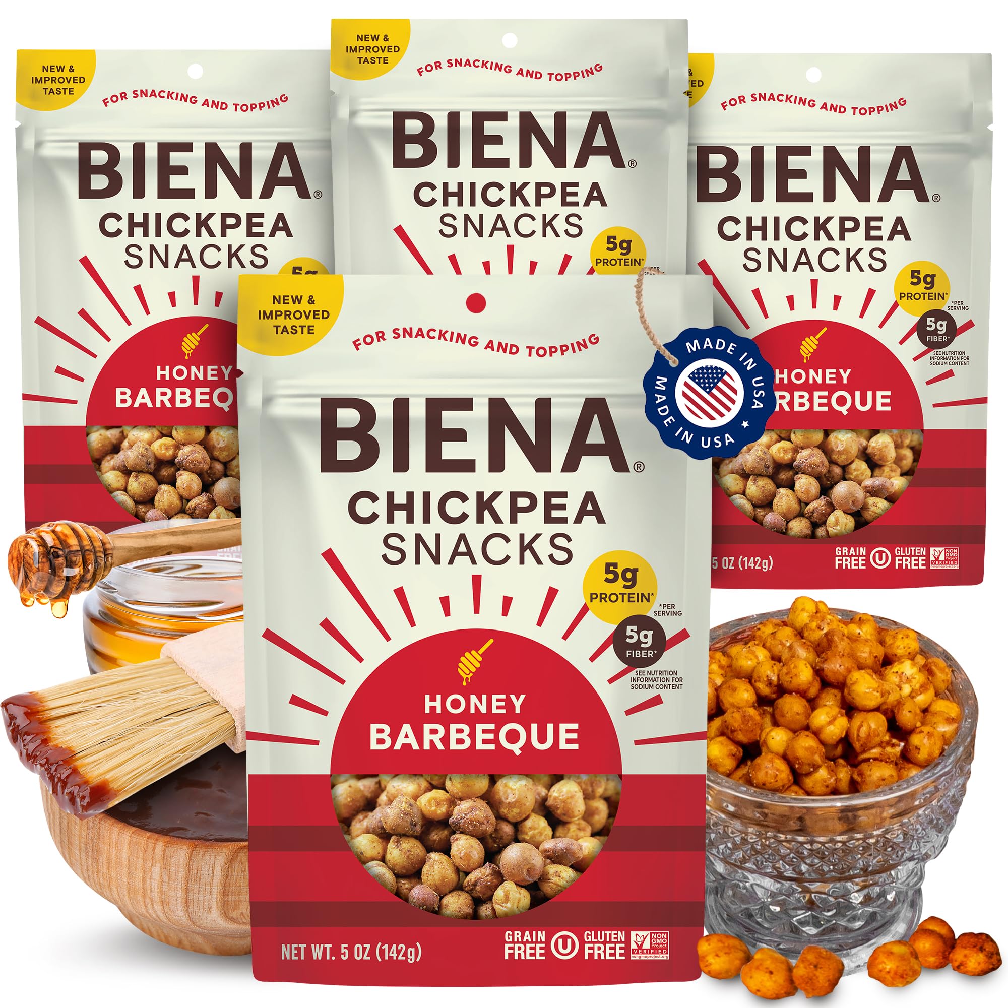 BIENA Chickpea Snacks BBQ bag front shows a savory, crunchy, protein-rich snack.