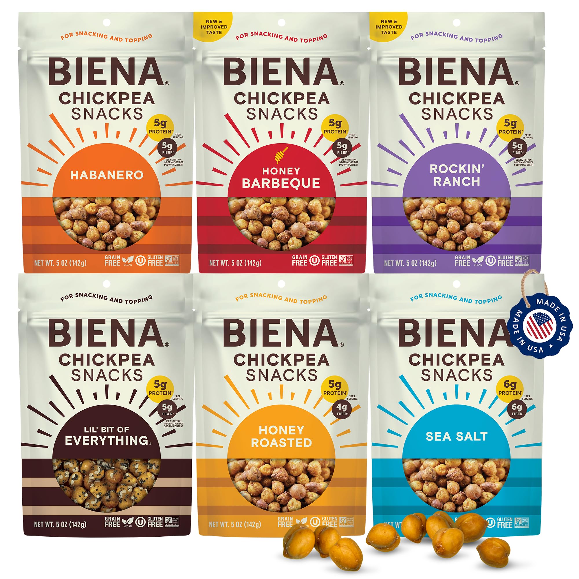 BIENA BBQ chickpeas bag with bold crunch for on-the-go snacking.