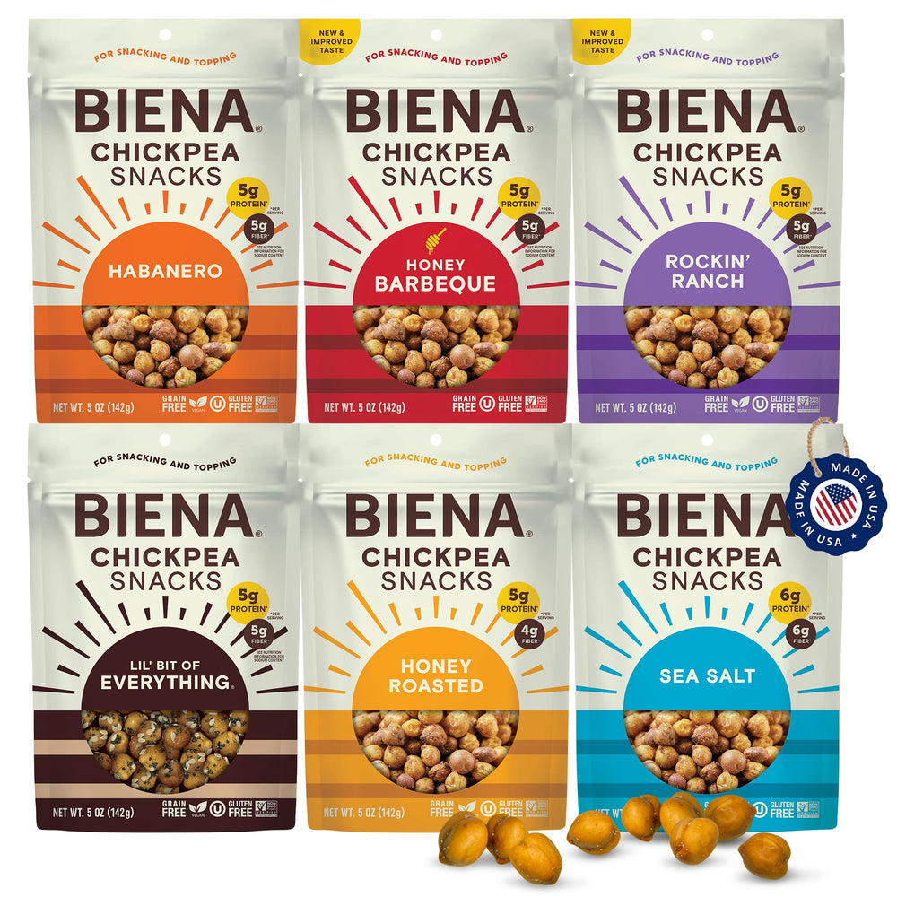 BIENA BBQ chickpeas bag with bold crunch for on-the-go snacking.
