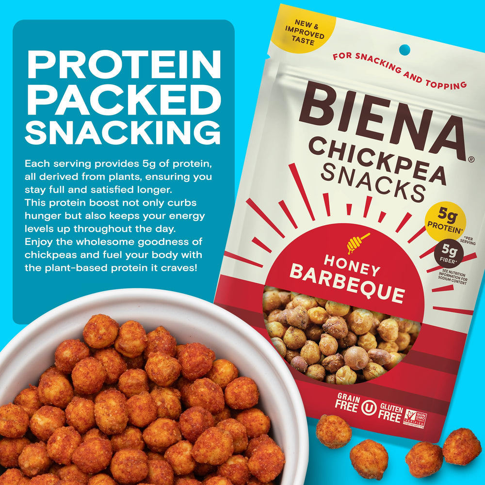 BIENA Chickpea Snacks BBQ closeup of roasted chickpeas and crisp texture.