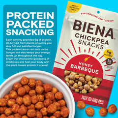 BIENA Chickpea Snacks BBQ closeup of roasted chickpeas and crisp texture.