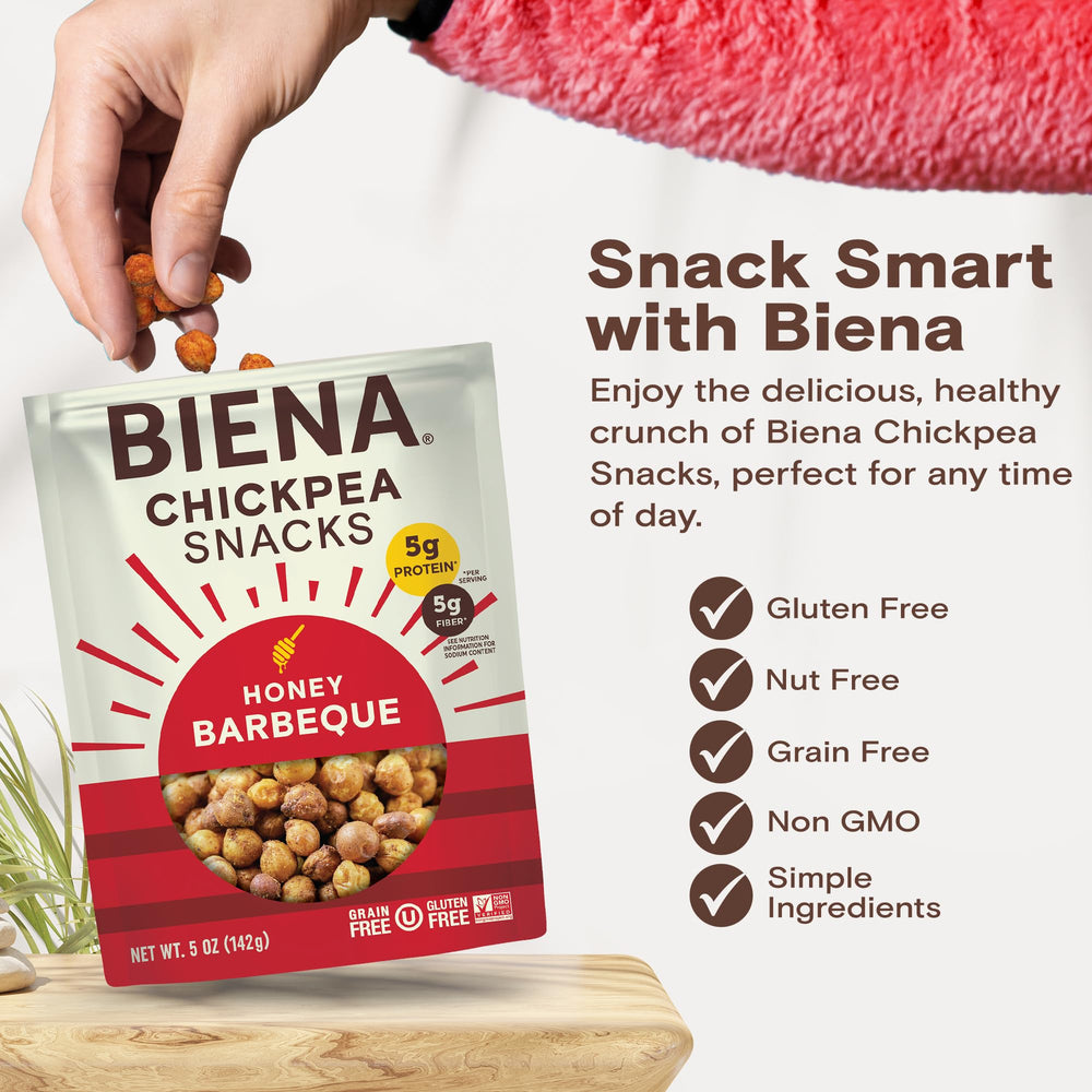 BIENA Chickpea Snacks BBQ packaging closeup with resealable pouch.