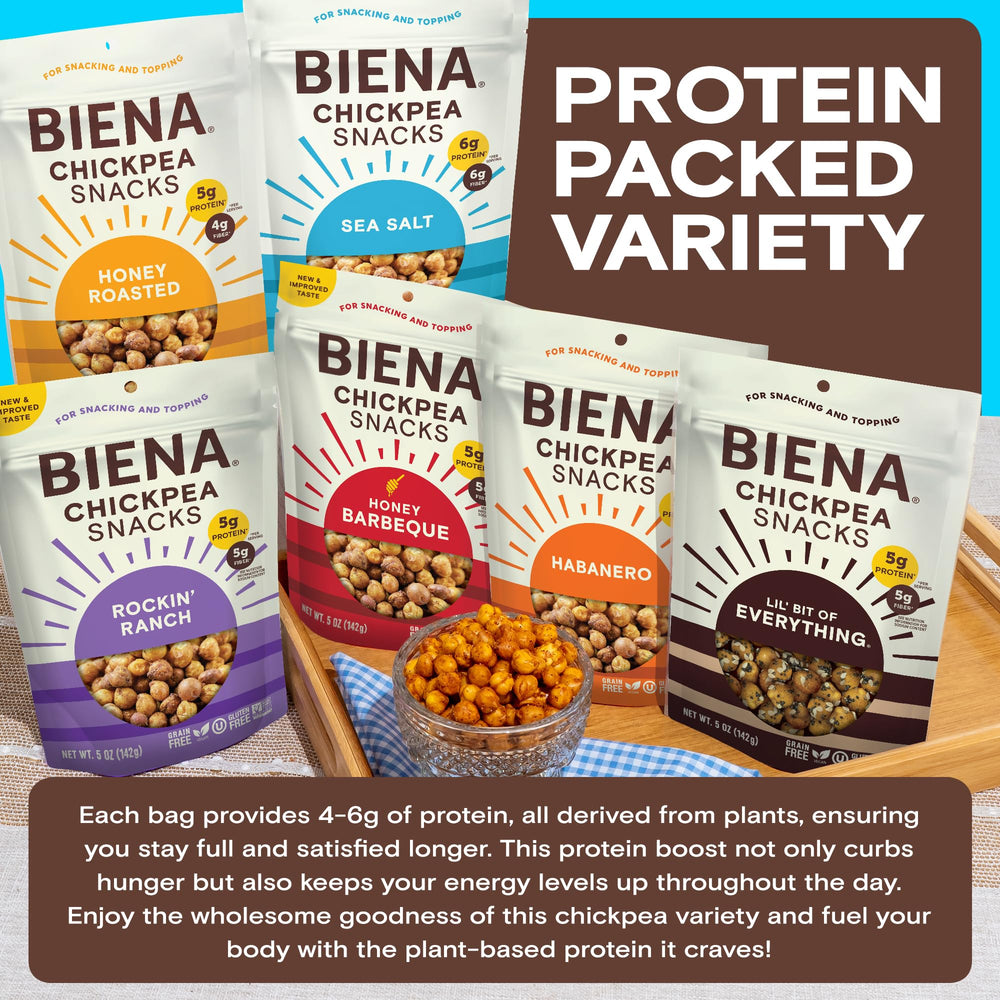 BIENA habanero chickpeas bag delivering spicy, protein-rich snack between meals.