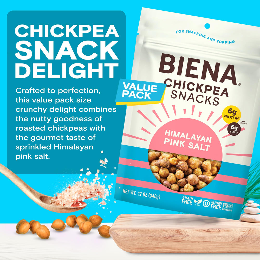 BIENA Chickpea Snacks with Himalayan pink salt dusting for balanced flavor and crunch