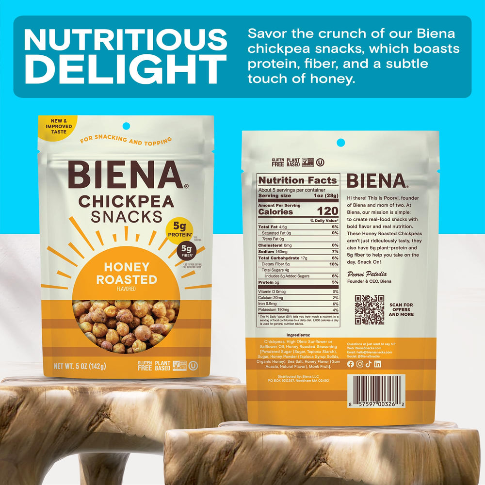 BIENA Honey Roasted Chickpeas bag back reveals ingredients and allergy-friendly notes.