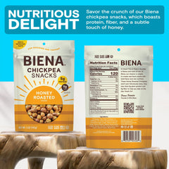 BIENA Honey Roasted Chickpeas bag back reveals ingredients and allergy-friendly notes.