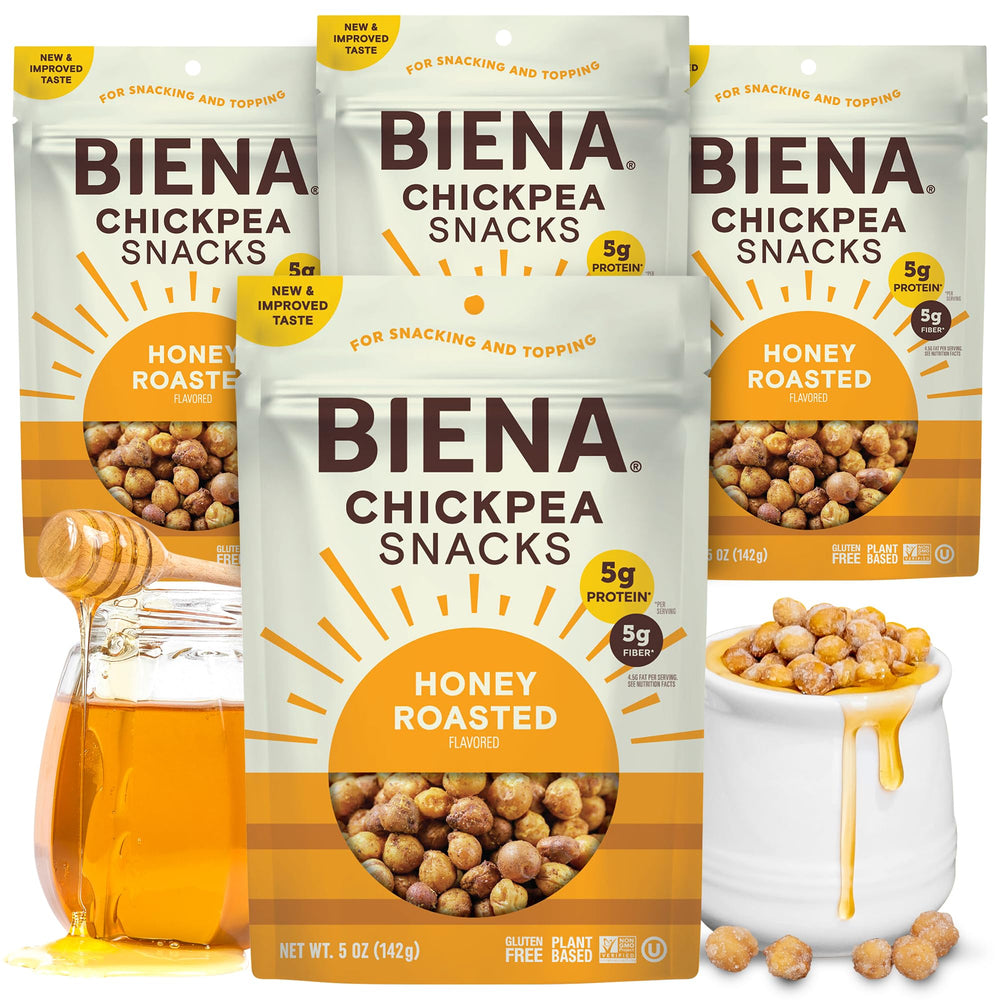 BIENA Honey Roasted Chickpeas bag front shows crispy texture and inviting flavor.