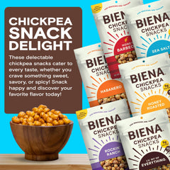 BIENA Honey Roasted chickpeas bag offers caramel sweetness with fiber-fueled crunch.