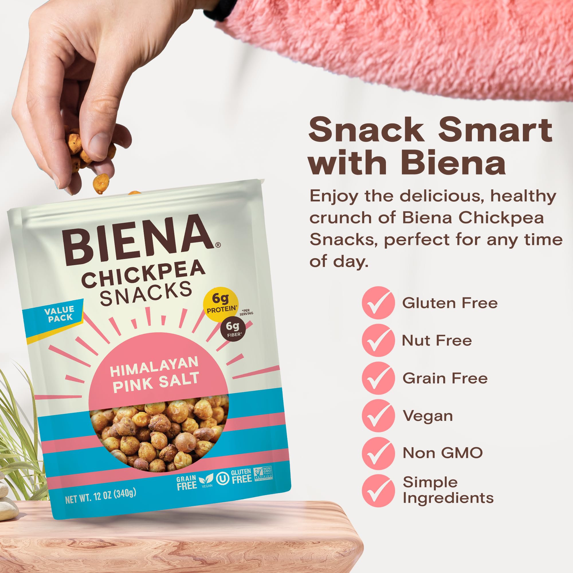 BIENA Chickpea Snacks showing 6g plant-based protein per serving for energy