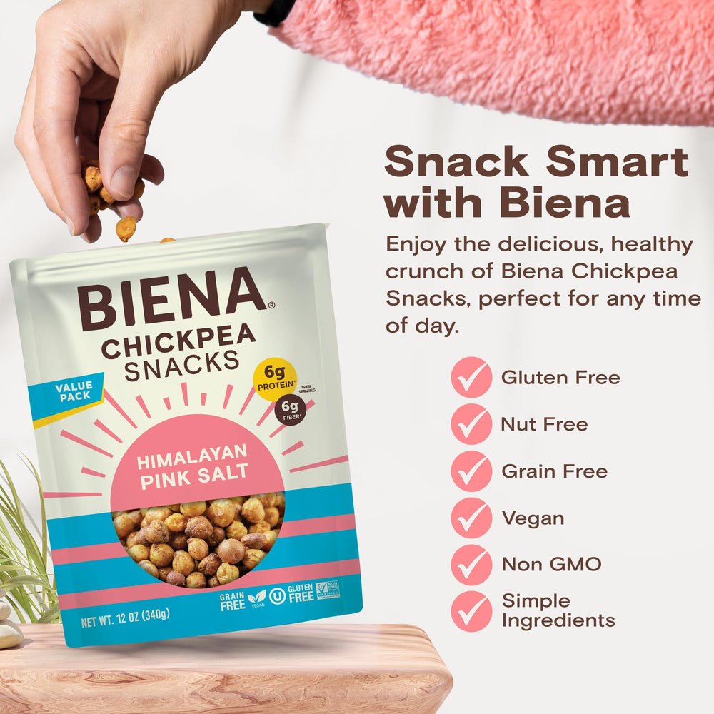 BIENA Chickpea Snacks showing 6g plant-based protein per serving for energy