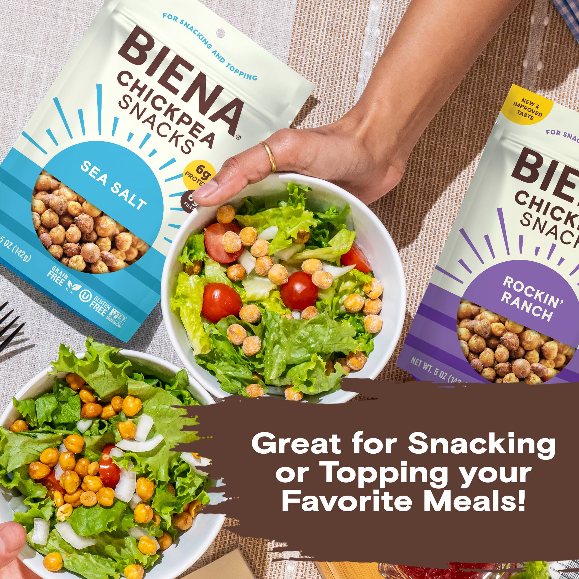 BIENA Rockin' Ranch chickpeas offer savory crunch and plant-based protein.