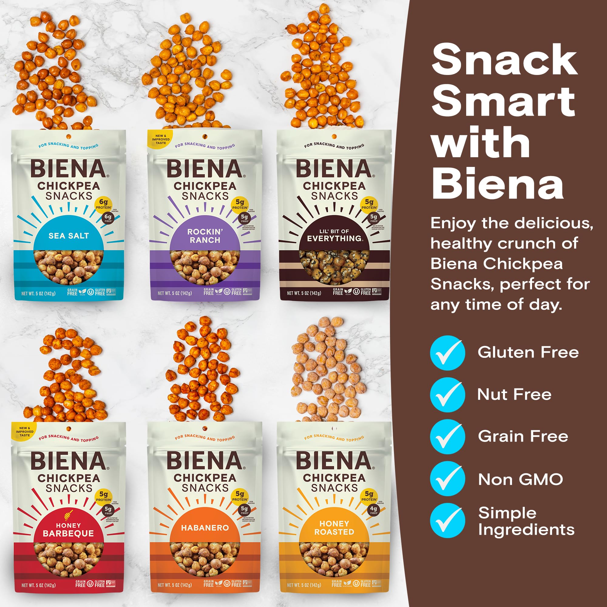 BIENA Sea Salt chickpeas bag delivers light, crisp texture as a vegan snack.