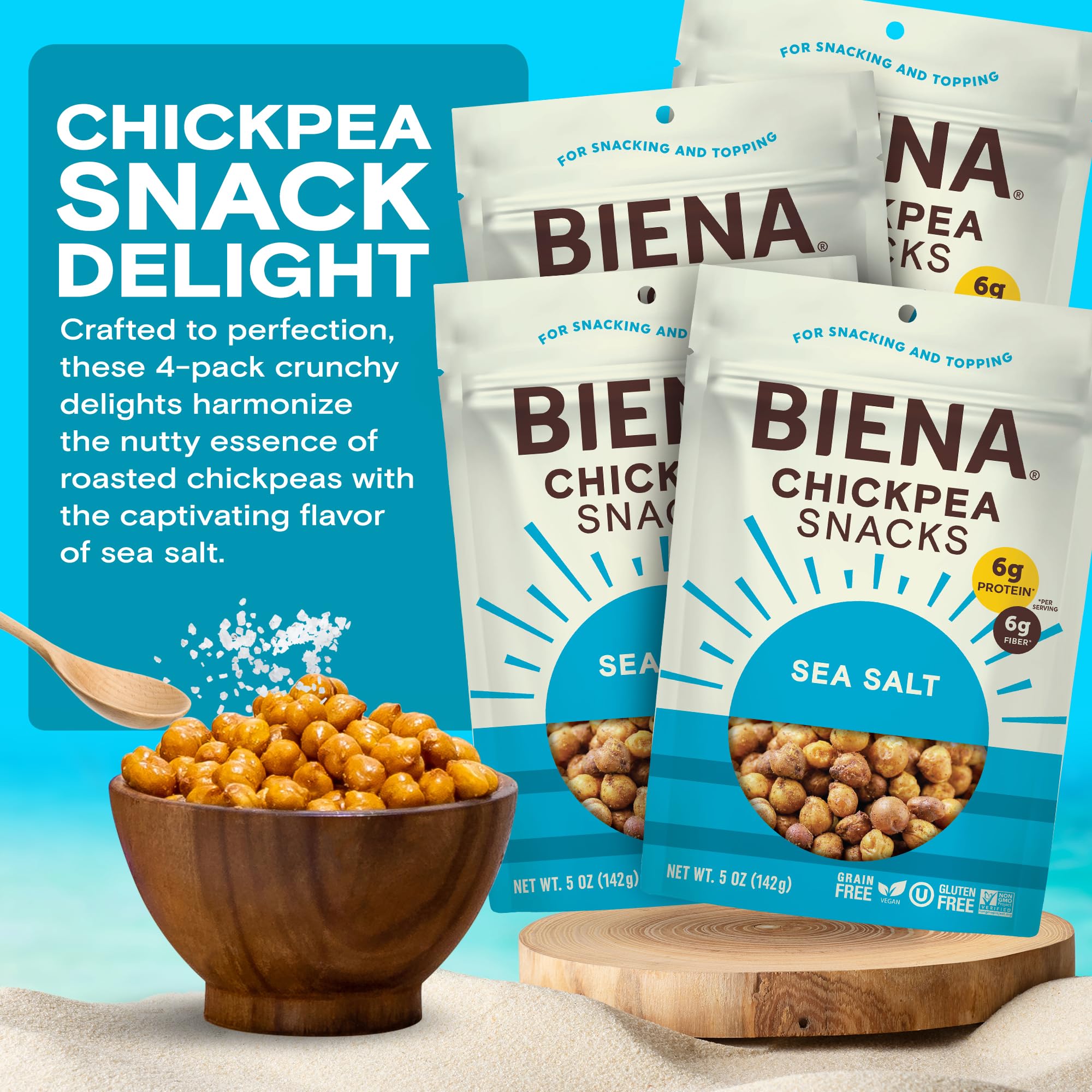 BIENA Chickpea Snacks Sea Salt close-up highlights crispy texture and savory flavor