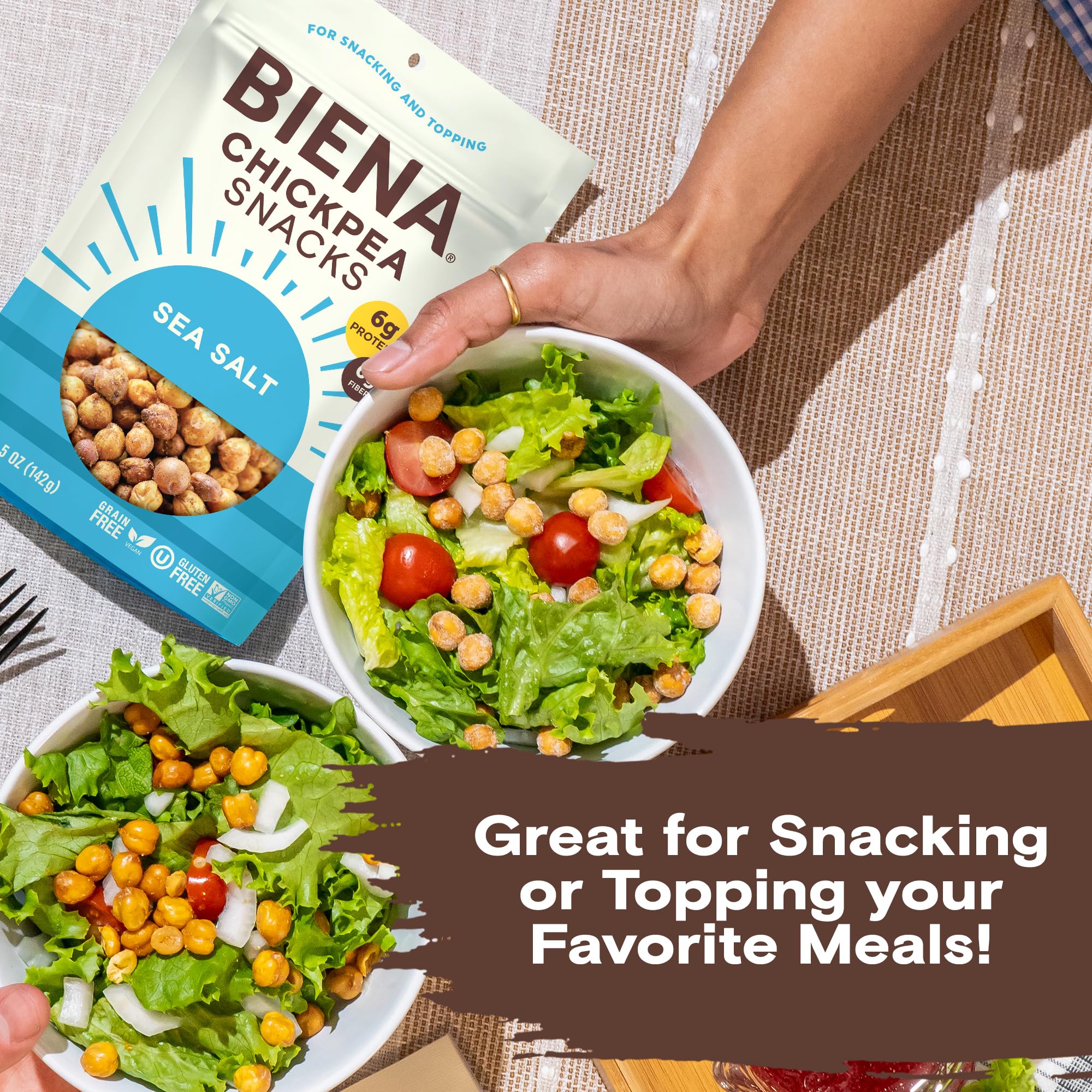 BIENA Chickpeas provide plant-based protein and fiber per serving