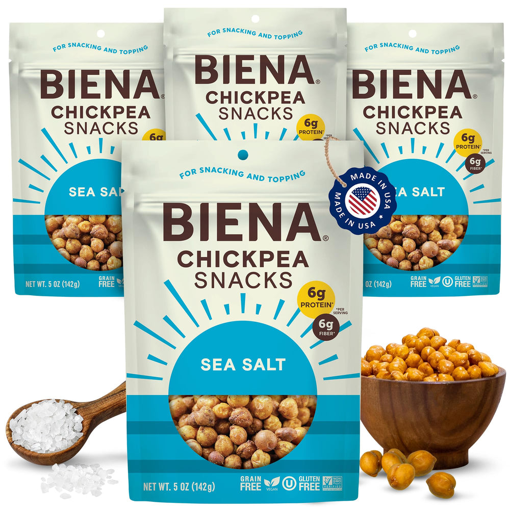 BIENA Chickpea Snacks Sea Salt pack showcases a crunchy, protein-rich treat on the go