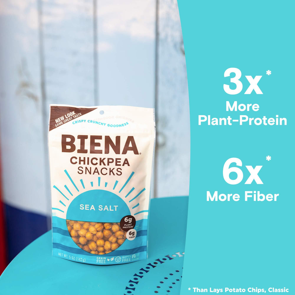 Non-GMO, grain-free BIENA chickpeas as a snack option.