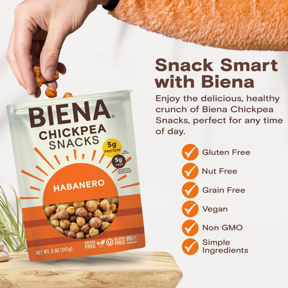 Nutrition panel on BIENA chickpeas highlighting 5 g protein per serving