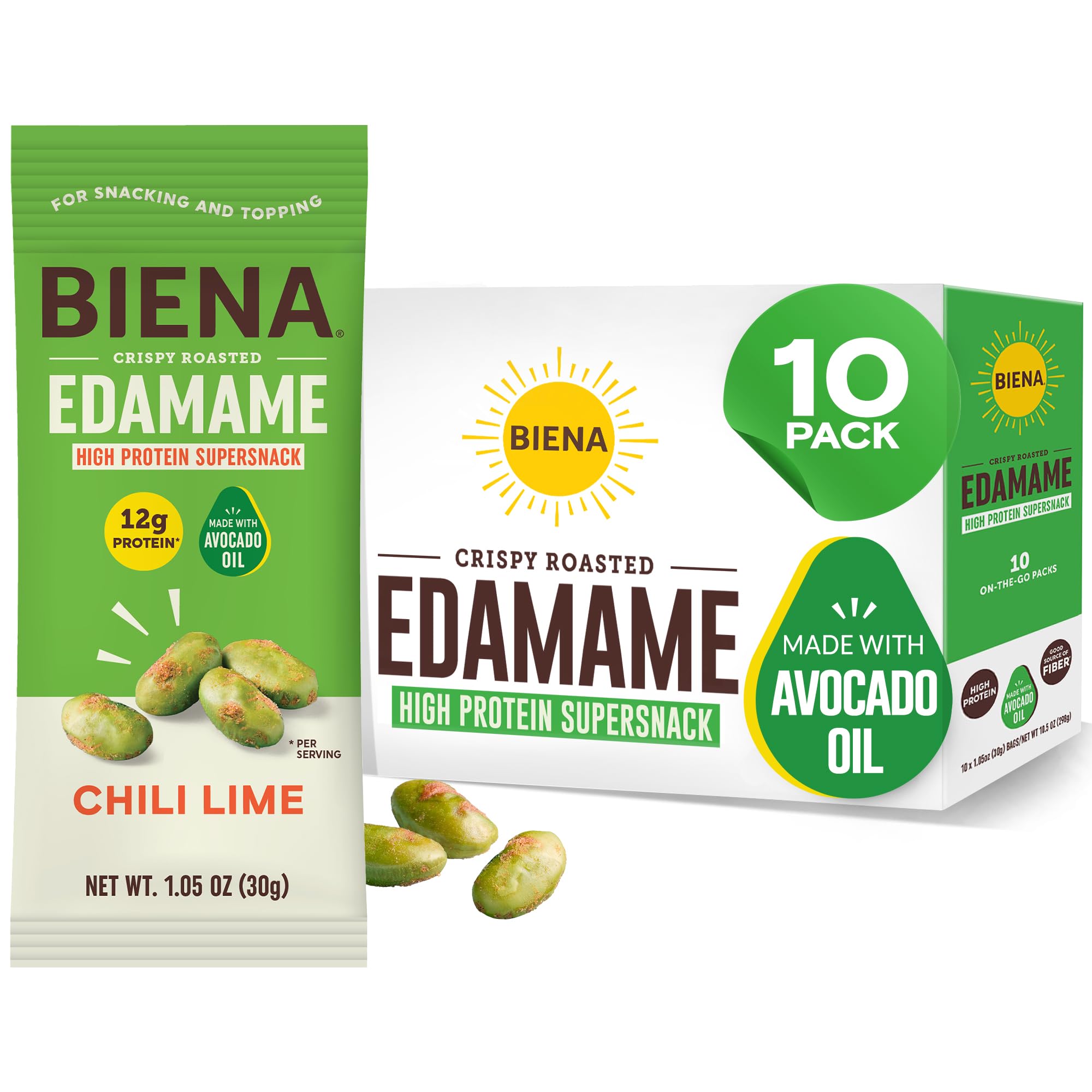 Biena Crispy Edamame Chili Lime bag front view showing high-protein snack for on-the-go