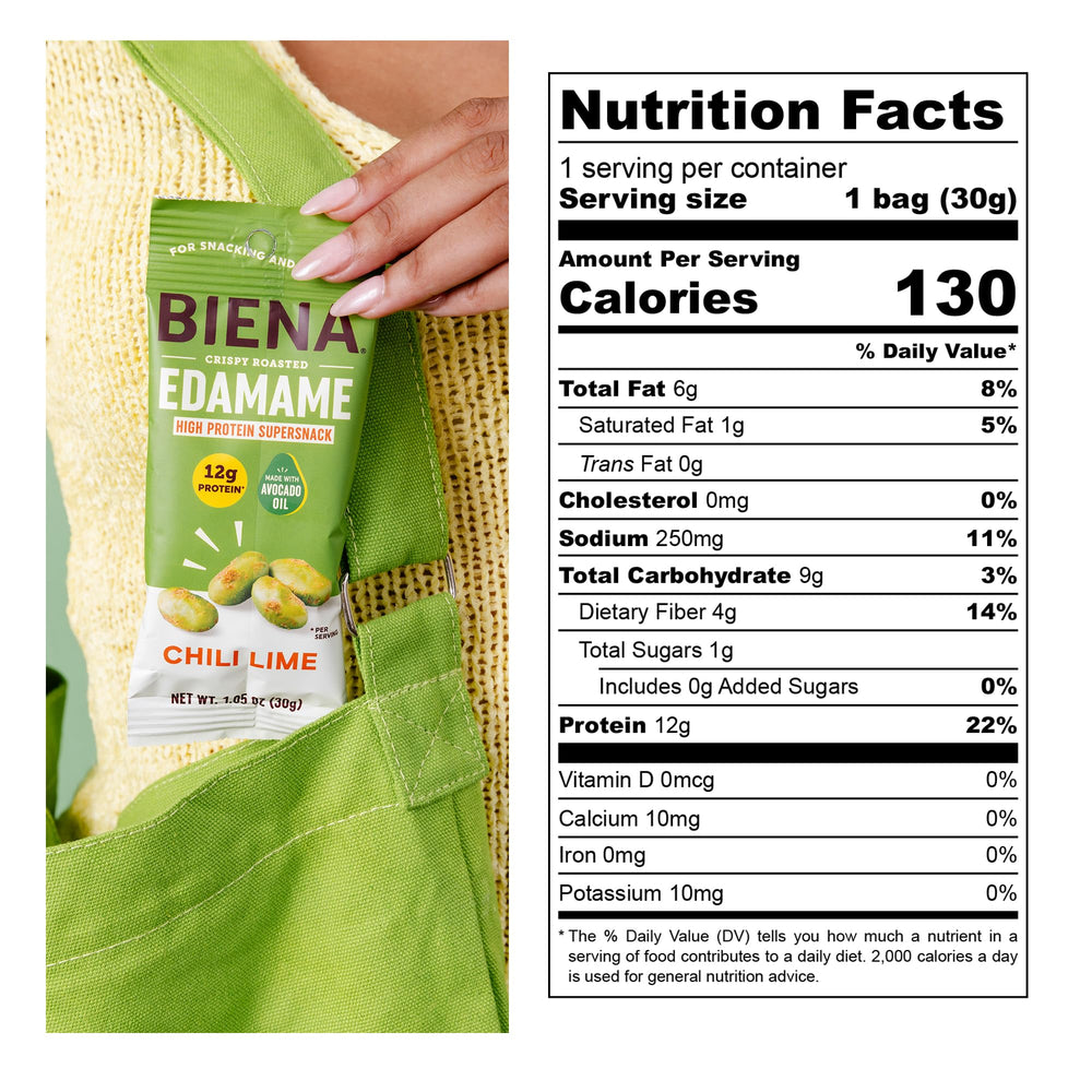 Biena Crispy Edamame Chili Lime pack close-up with bold flavor and crunch