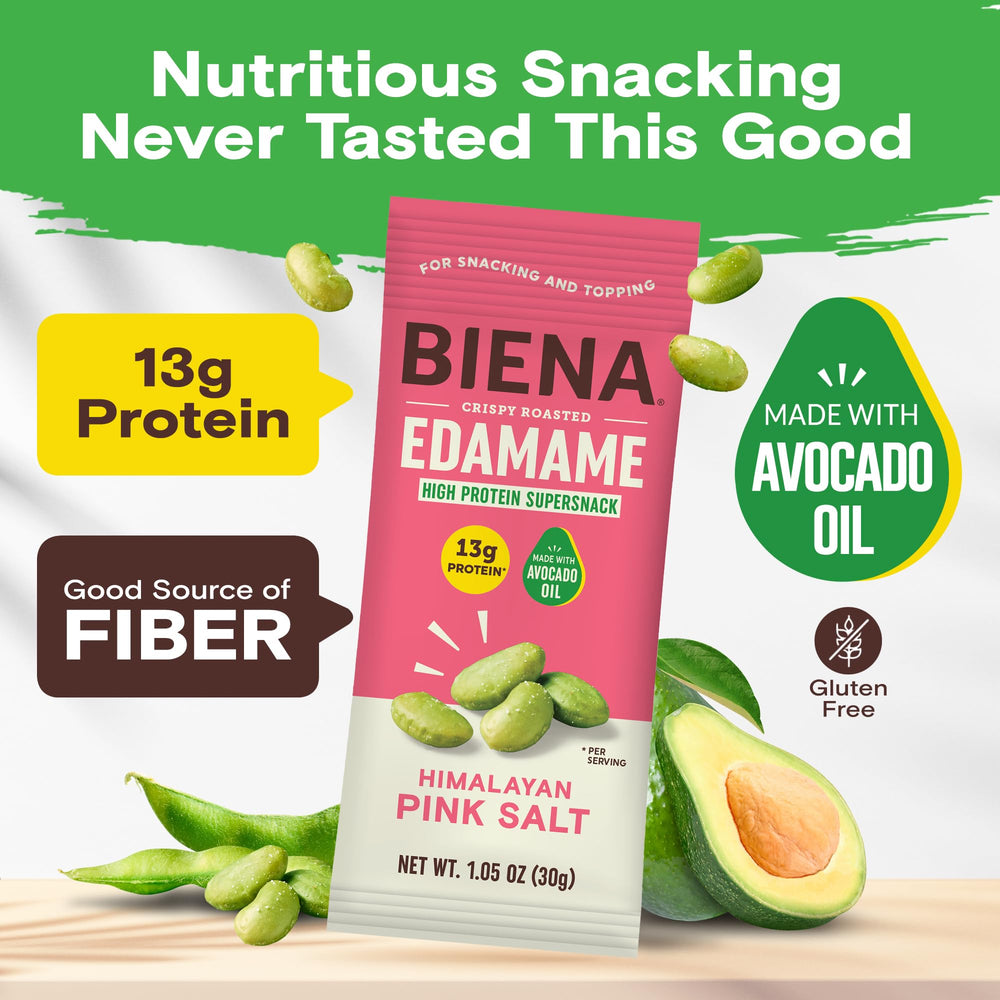 Biena Crispy Edamame closeup shows crunchy texture and savory flavor