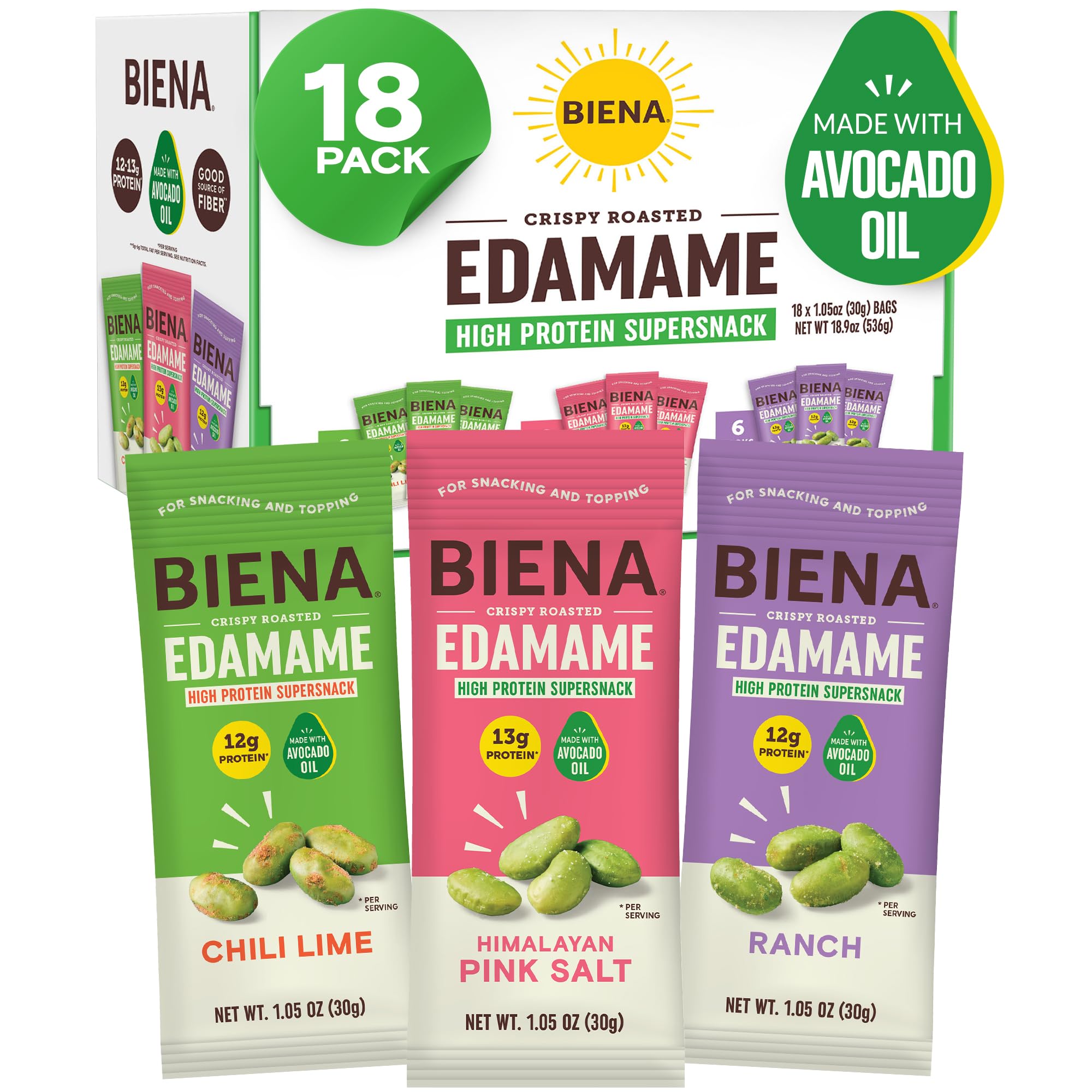 BIENA Crispy Edamame Himalayan Salt pouch offers savory protein on the go.