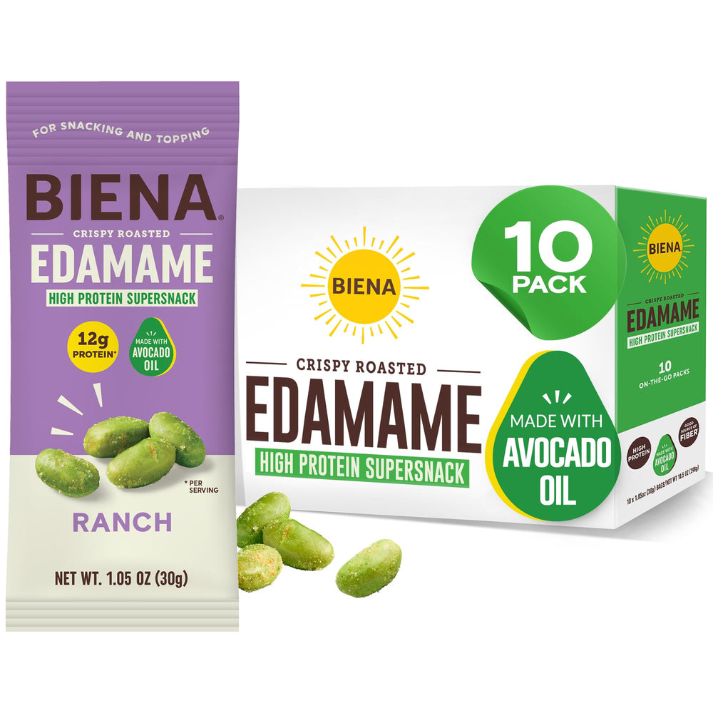 Biena Ranch Edamame in resealable pouch for on-the-go protein.