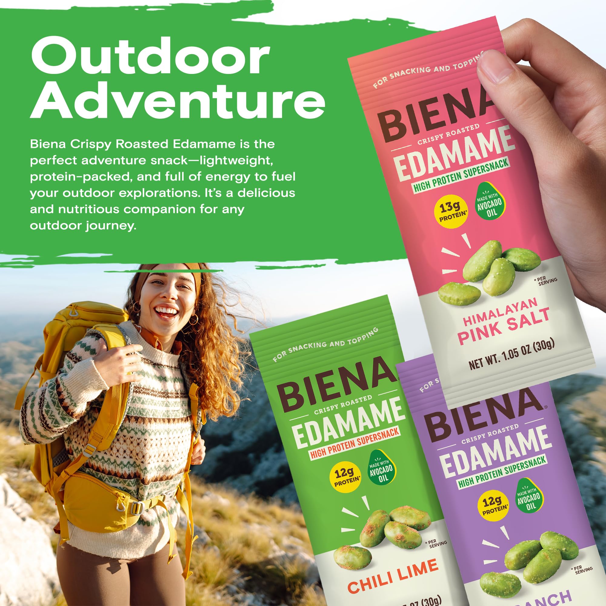 BIENA Healthy-snack portion emphasizes controlled serving size.