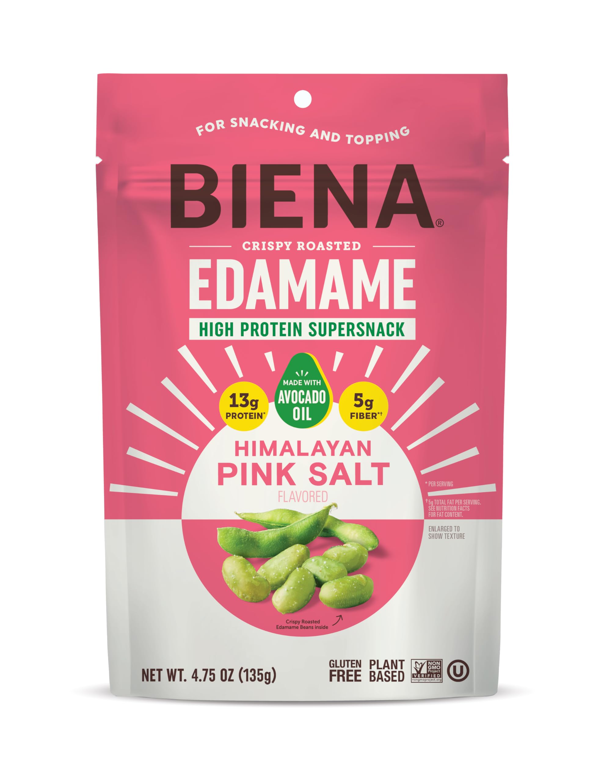 Biena Edamame roasted with Himalayan Salt in a bag for on-the-go snacking.