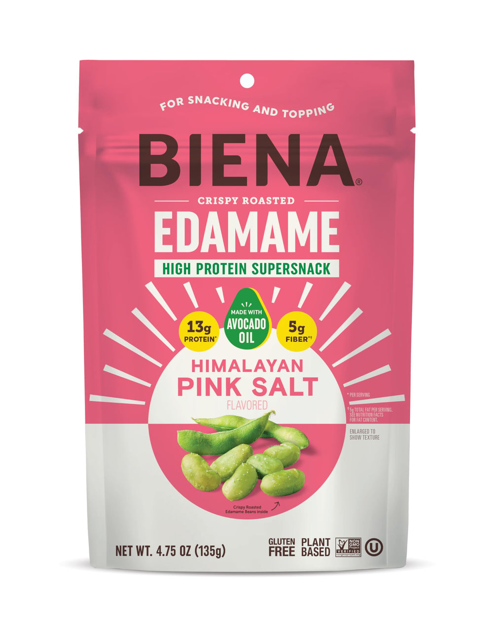 Biena Edamame roasted with Himalayan Salt in a bag for on-the-go snacking.