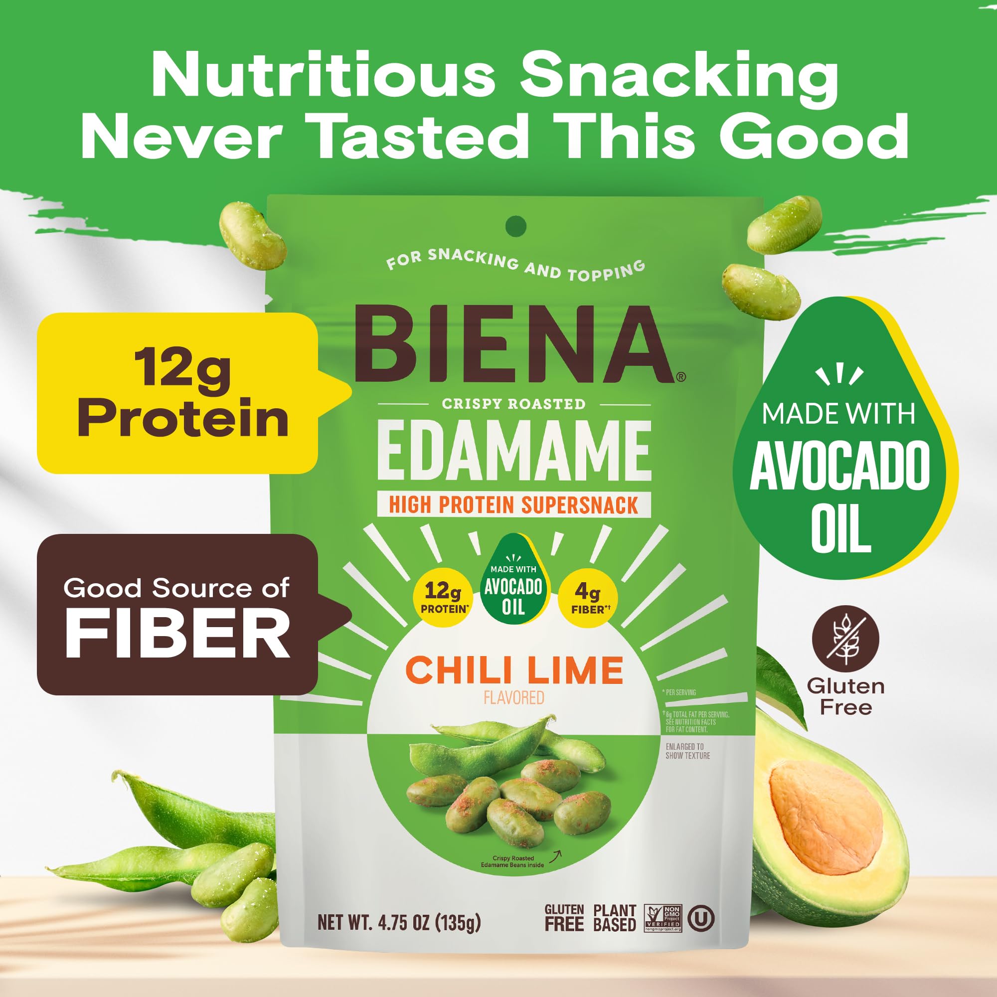 BIENA avocado oil snack ingredient panel showcasing healthy fats and clean labeling.