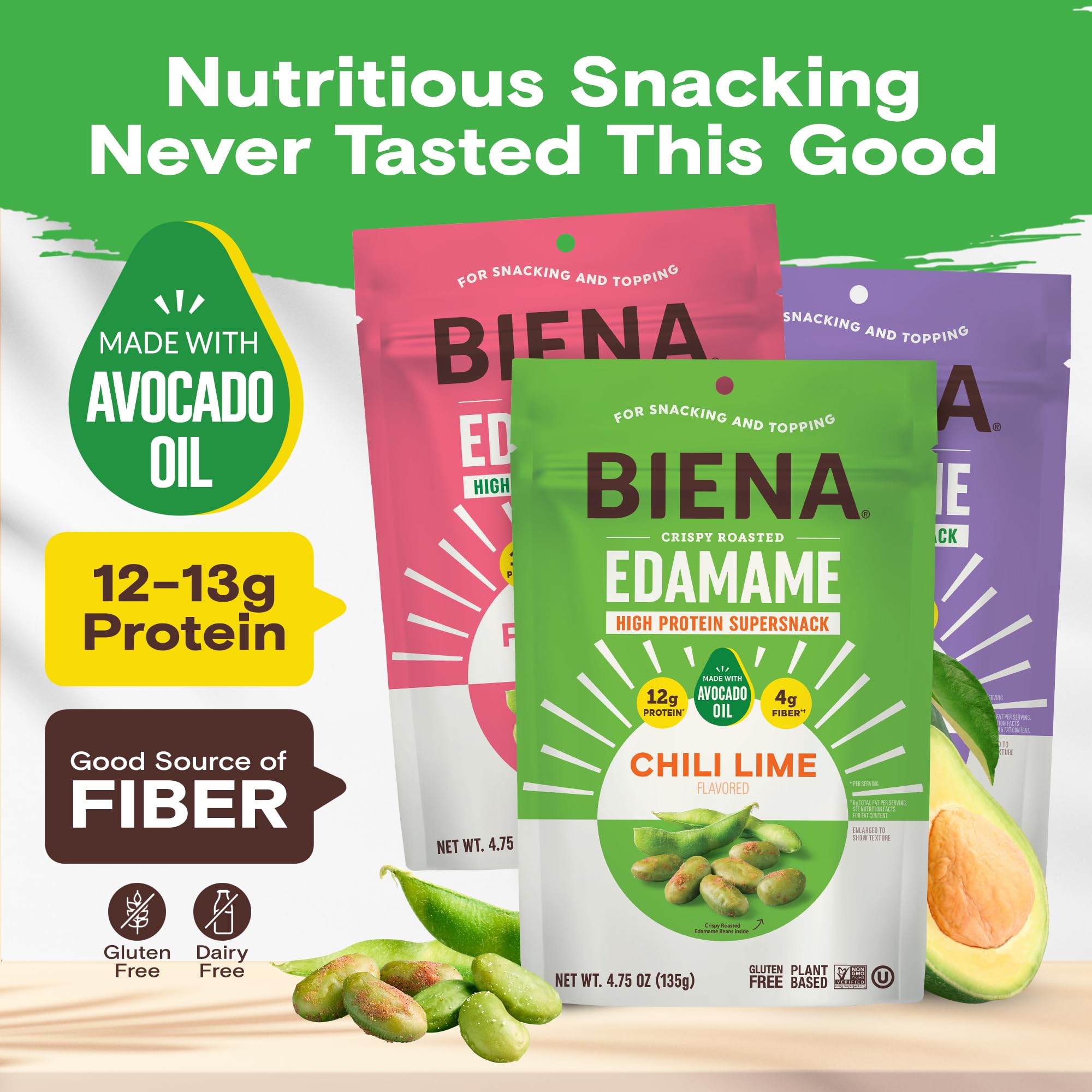 BIENA chili lime flavor edamame snack ready for tangy snacking