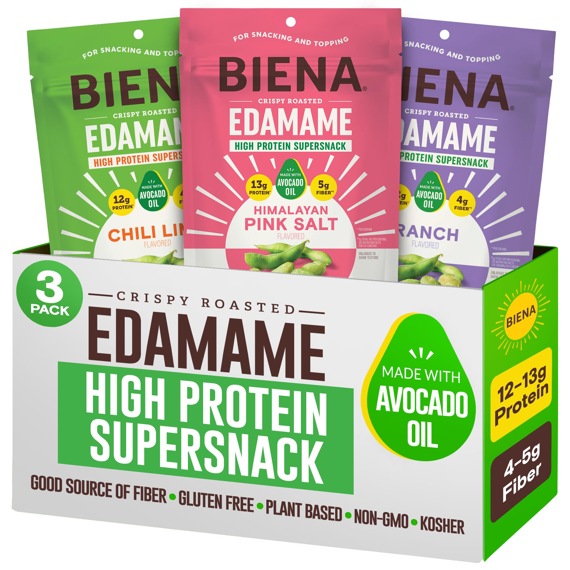 BIENA crispy edamame snack closeup showing protein-rich bite for quick energy