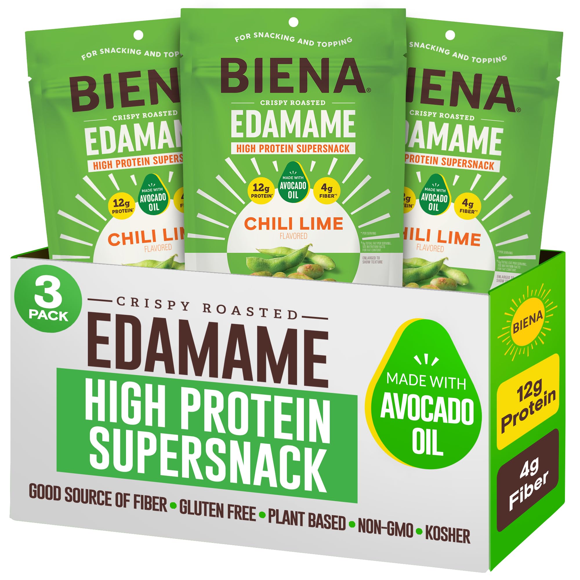 BIENA crispy edamame snack close-up shows a high-protein crunch perfect for quick bites.