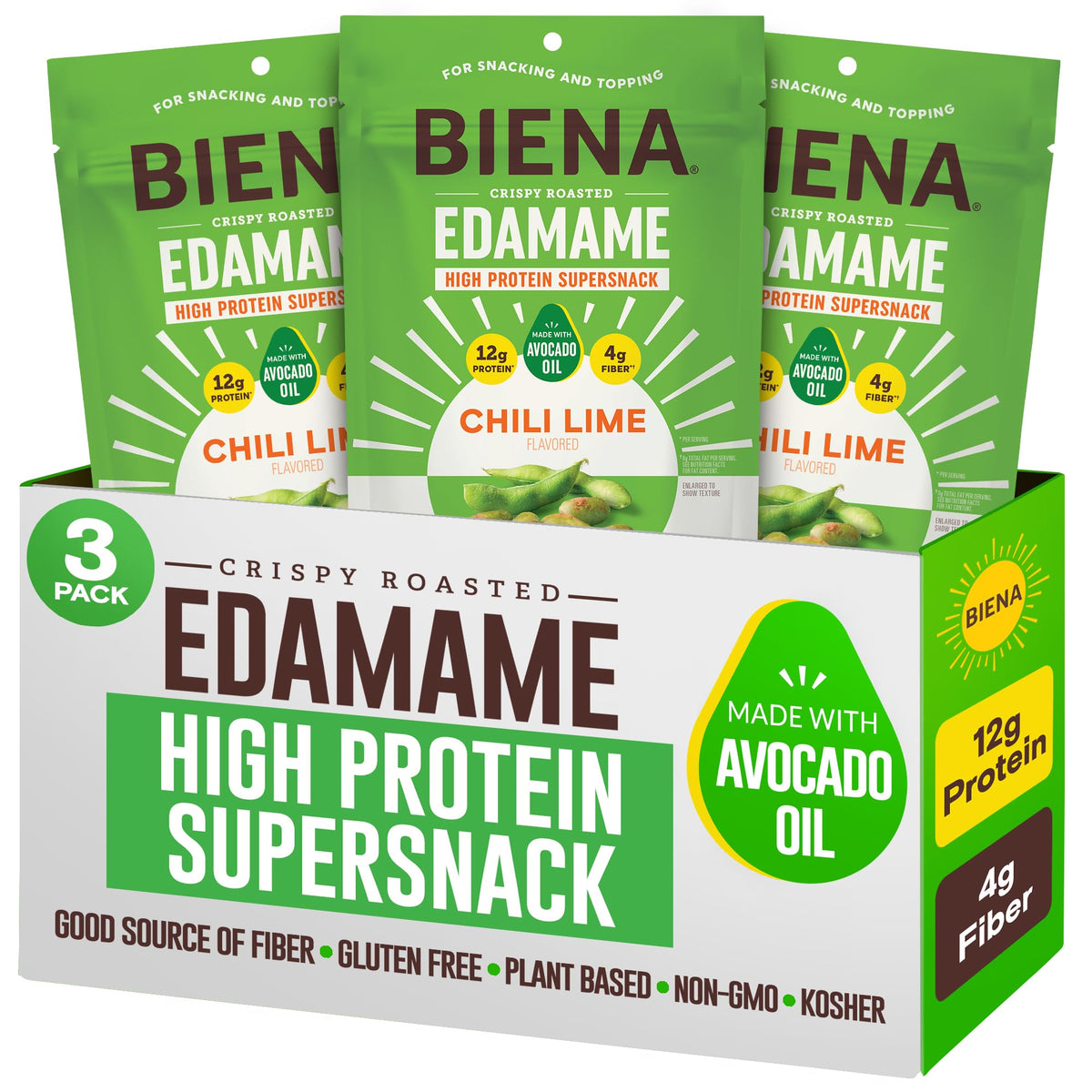BIENA crispy edamame snack close-up shows a high-protein crunch perfect for quick bites.