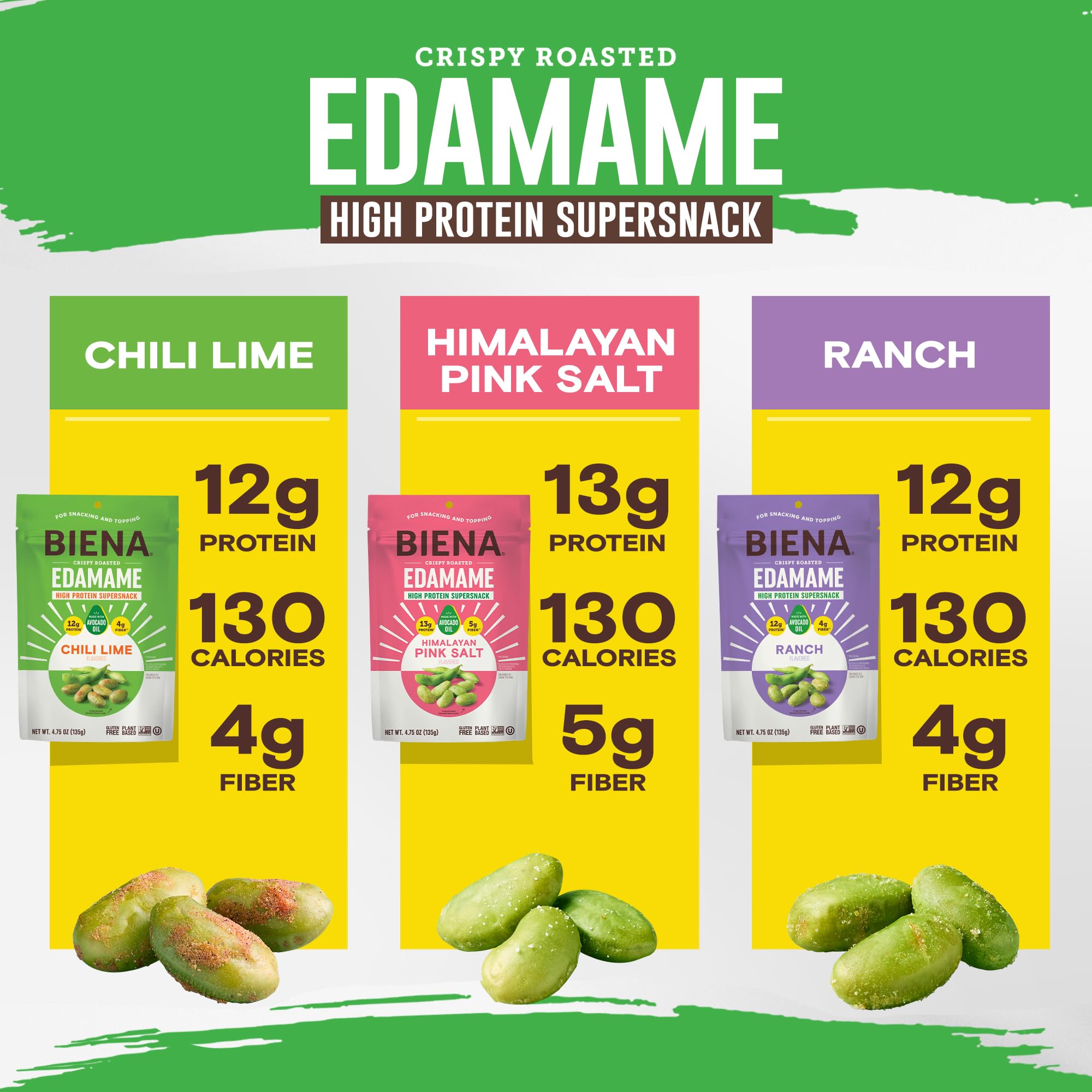 BIENA Himalayan pink salt flavor edamame snack in serving tray