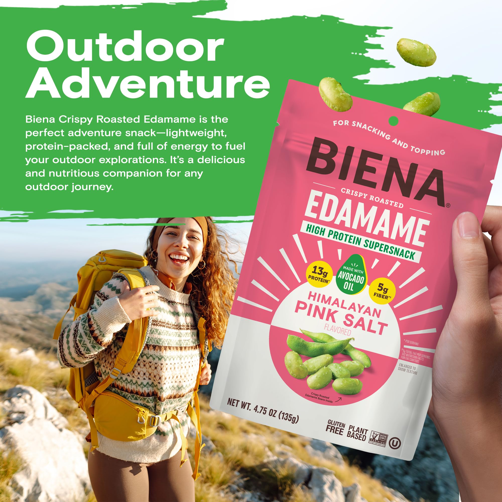 BIENA nutrition facts panel communicates 13 g protein per serving.