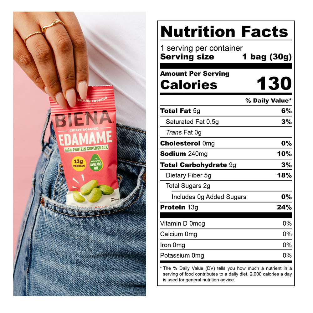 Biena Edamame snack pack-back shows nutritional details for quick planning