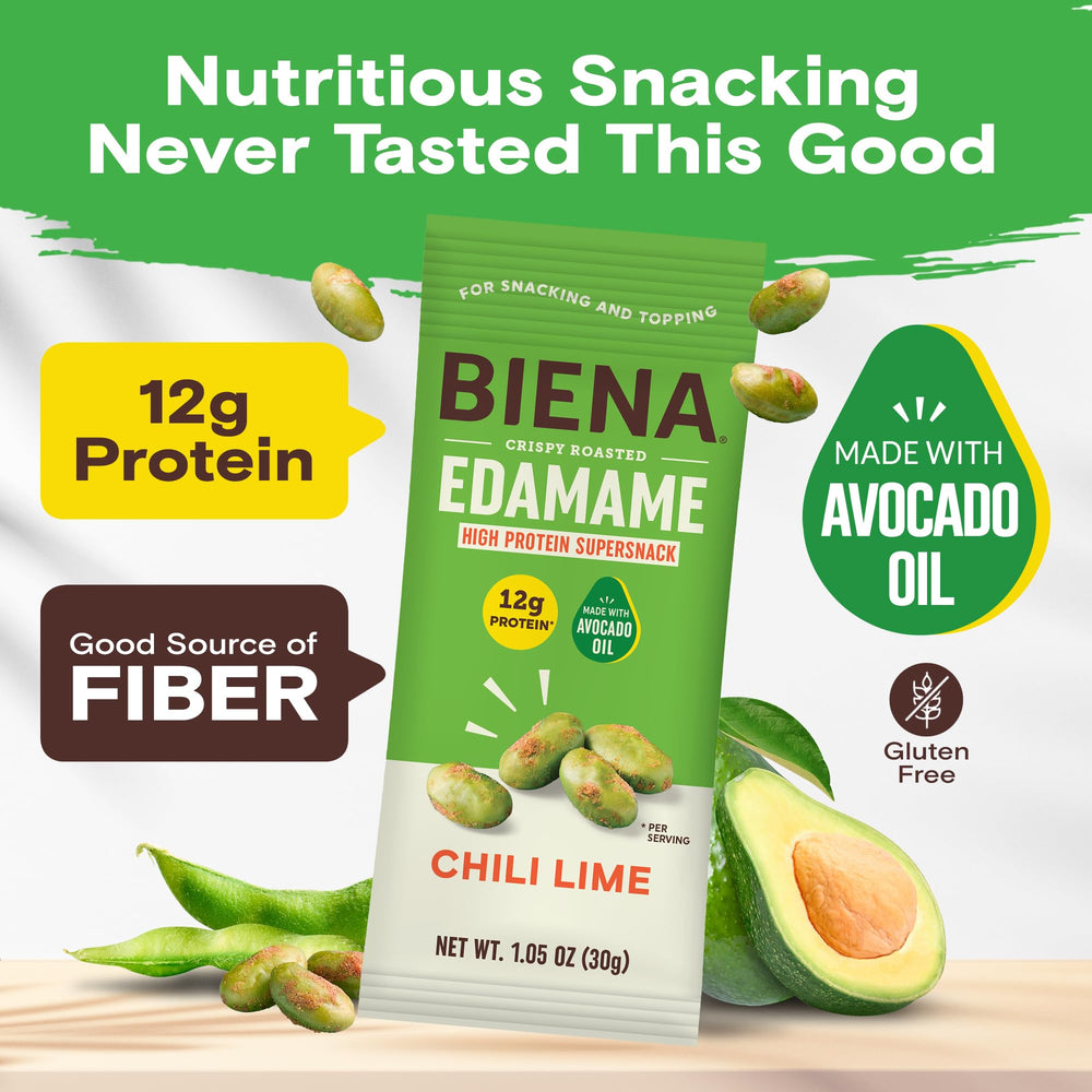 Biena Edamame Snack Pack Open, ready to portion and enjoy protein boost