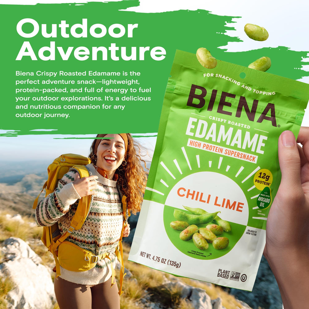 BIENA salad topper edamame snack adds texture and protein to leafy greens.