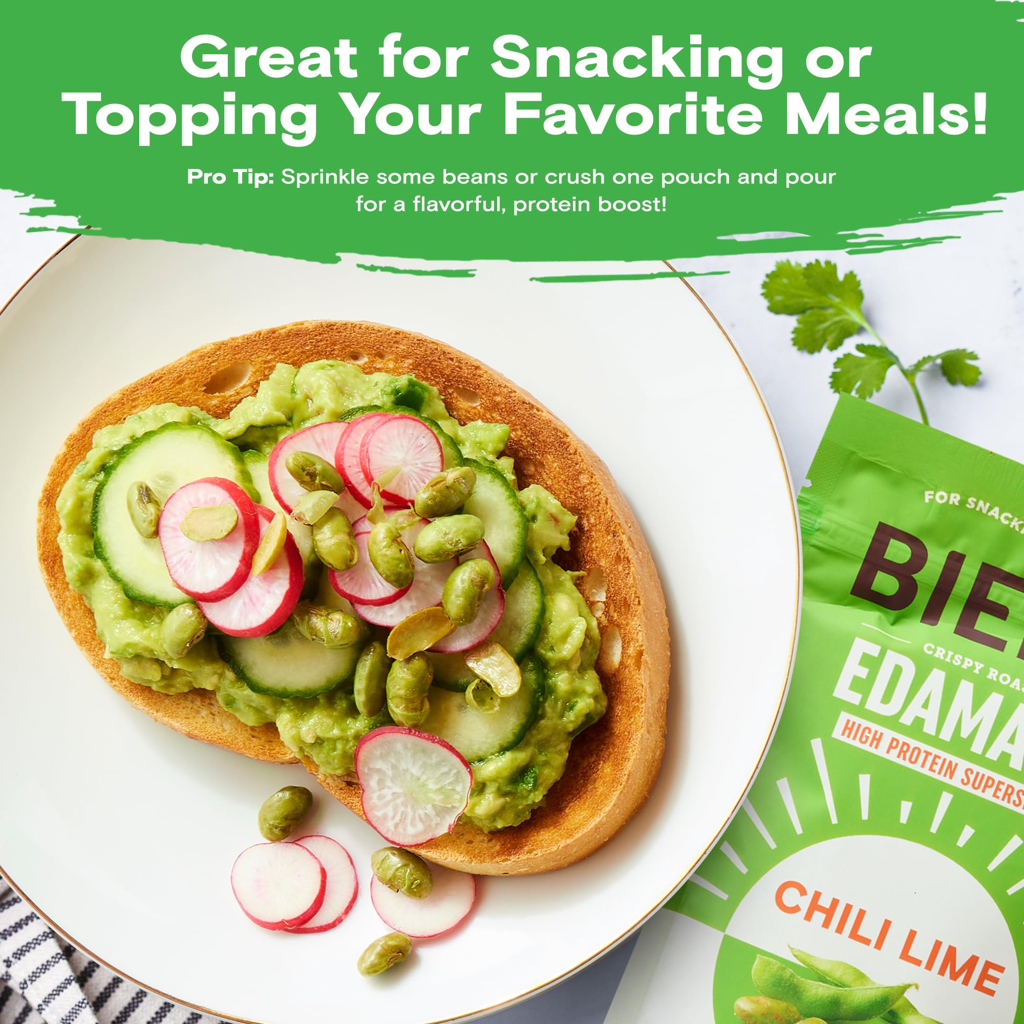 BIENA vegan glutenfree edamame snack on kitchen countertop appeals to health-conscious consumers.