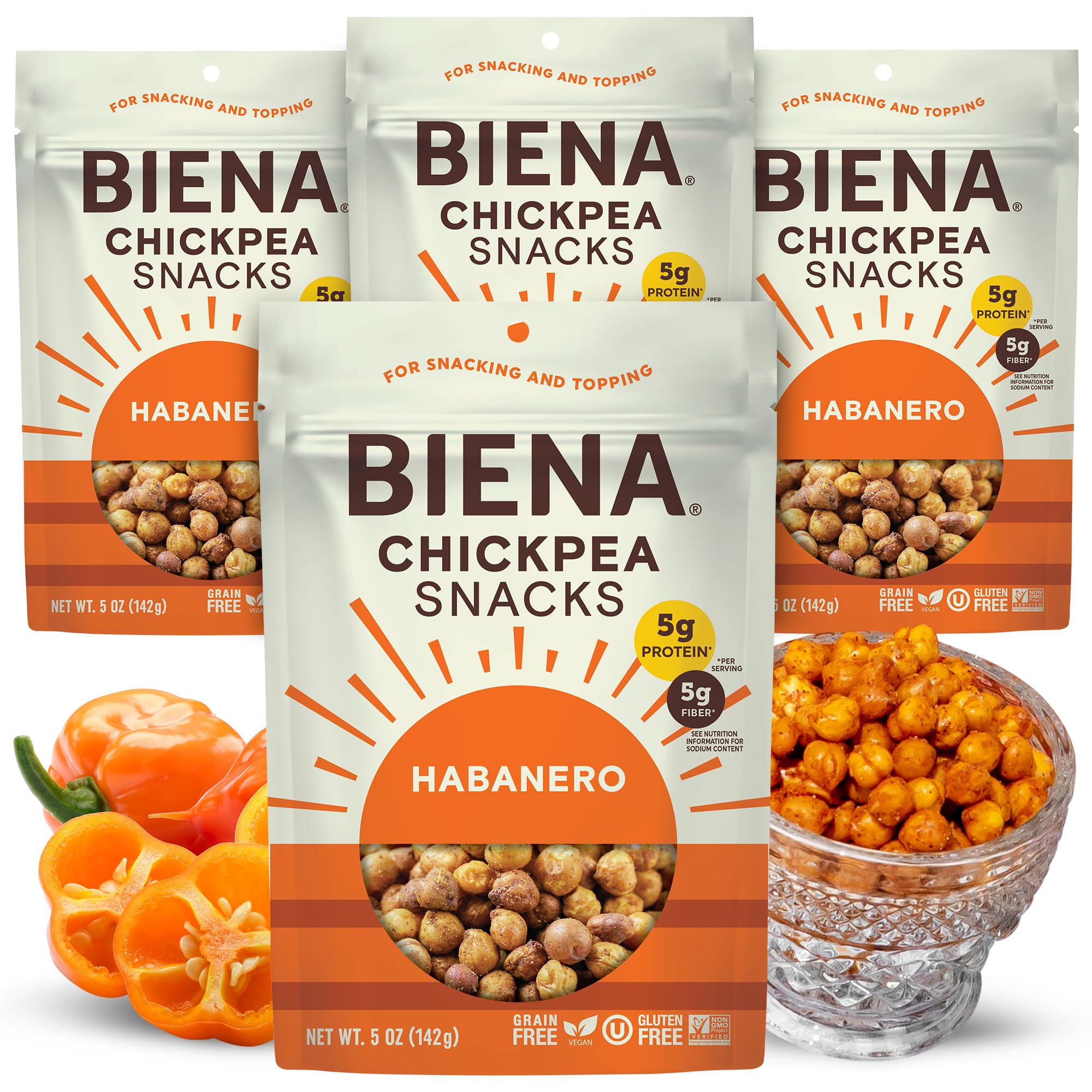 BIENA habanero chickpeas in a resealable bag for on-the-go snacking