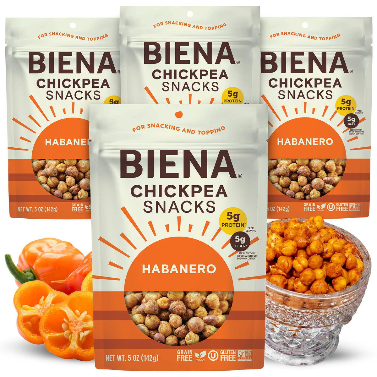 BIENA habanero chickpeas in a resealable bag for on-the-go snacking